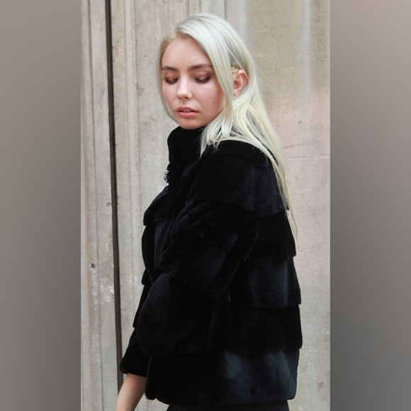 Black Sheared Rex Rabbit Fur Jacket - Picture 4 of 5